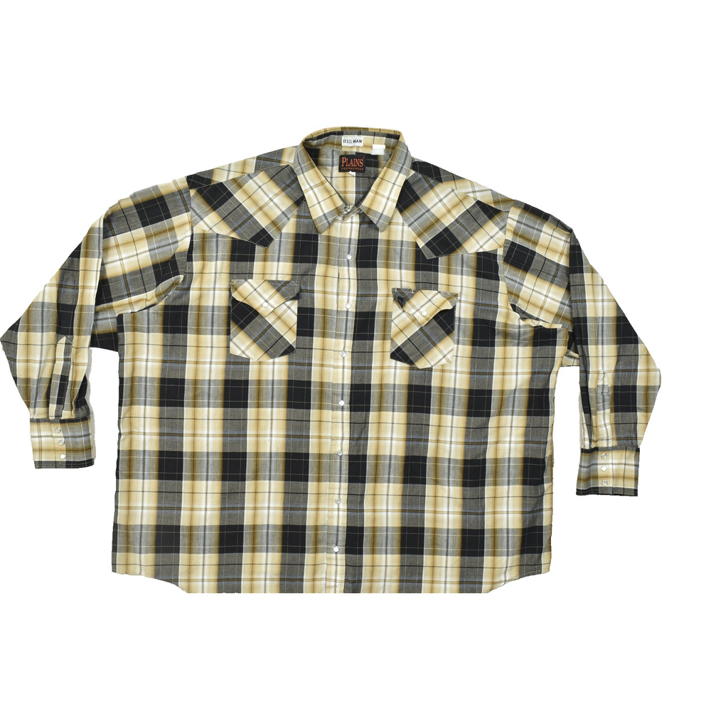 Plains Western Wear Shirt Big Man 3X Tan Black Plaid Pearl Snap Long Sleeve Dist